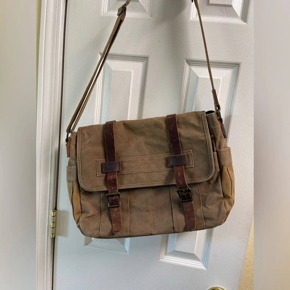 Brown Leather/Canvas Laptop Computer Bag Briefcase Messenger
